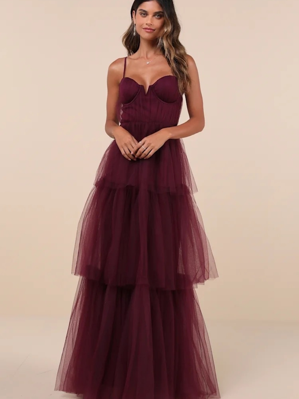 Lulu's Burgundy Tiered Tulle Maxi Dress